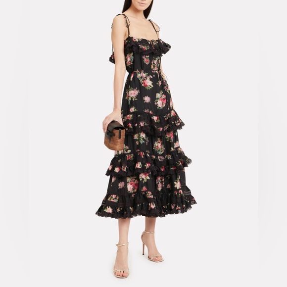Zimmermann Honour Floral-print Tiered Silk Midi Dress In Black- siz… - Picture 3 of 15